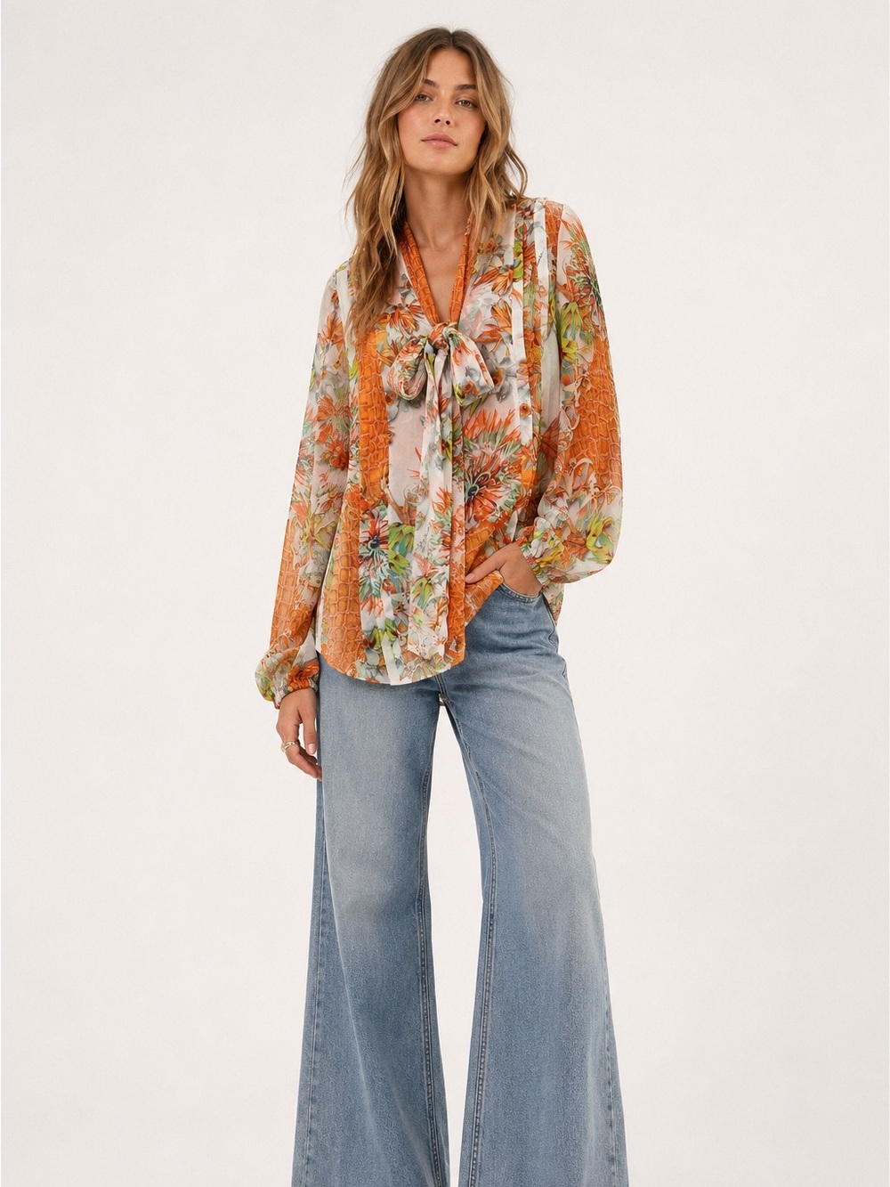 Just Cavalli Floral Chiffon Blouse M 42 Sheer Tie Neck Boho Y2K Whimsy Fall